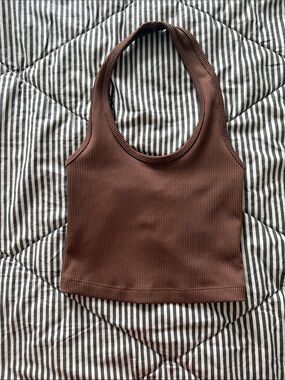 Divided Brown Ribbed Halter Crop Top